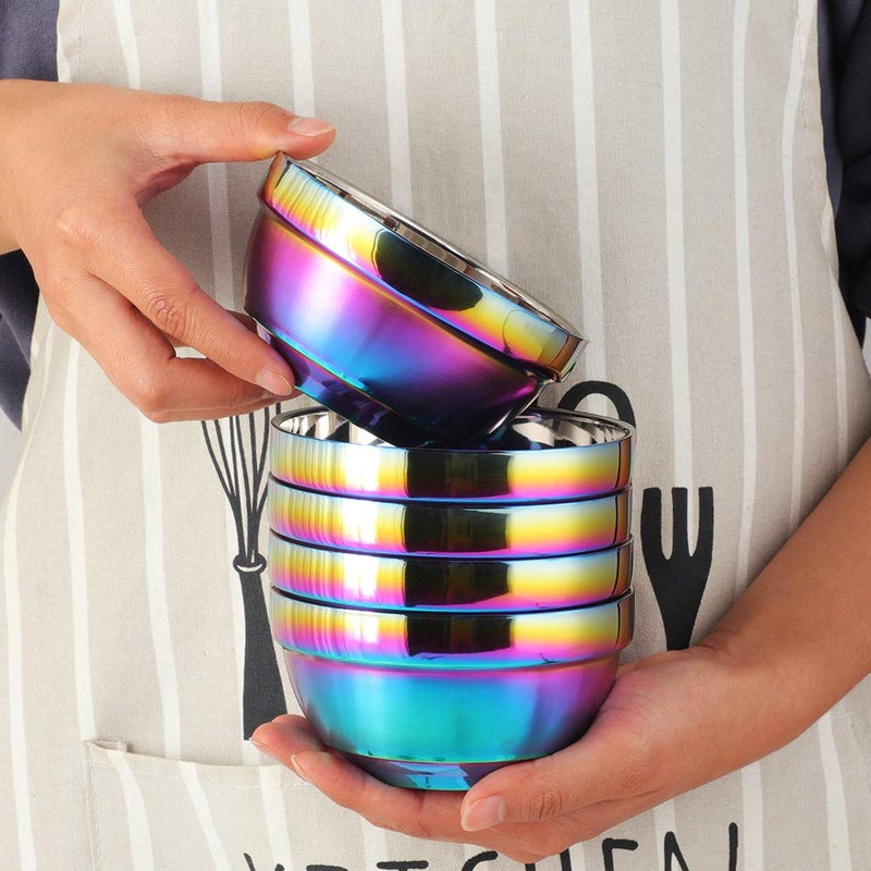 BISDARUN Large Rainbow 304 Stainless Steel Bowl Set of 4, Double-Walled Heat Insulation Anti-Scalding Kitchen Soup Bowls, Drop Resistance Children Bowl Salad Bowl Set for Mixing (5.1 Inches Diameter) - Image 3